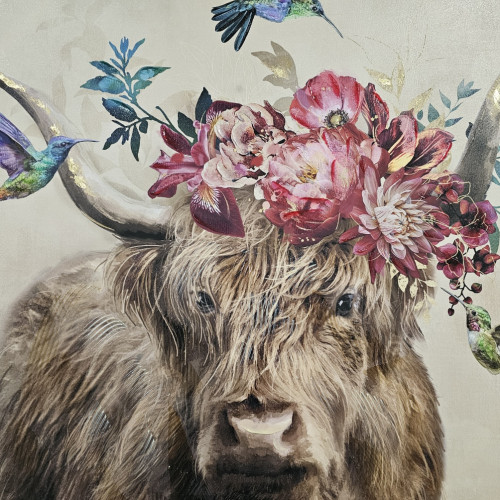 Photograph of Yak with colourful flowers Print