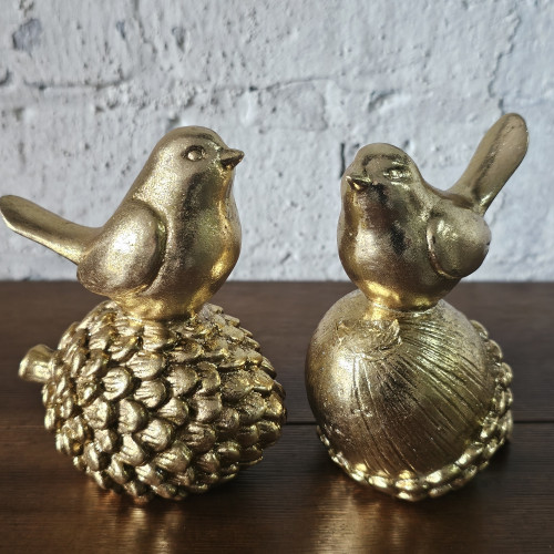 Photograph of Bird on Acorn Gold and Bird on Pine Cone Gold ornament